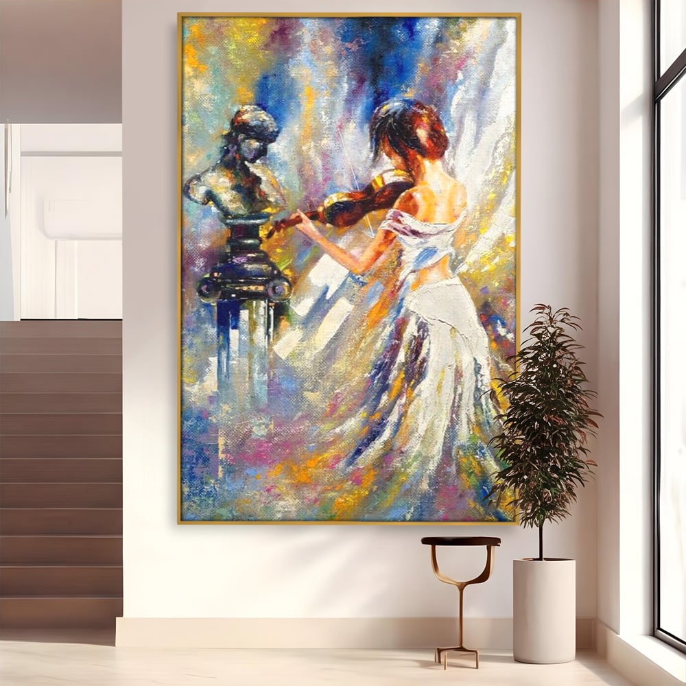 Tablou canvas cu pictura femeie cantand la vioara, in rama de aluminiu auriu